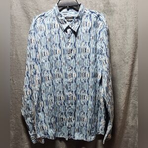 Bugatchi button down dress shirt Mens 3xl, Abstract Print, Blue And Gold